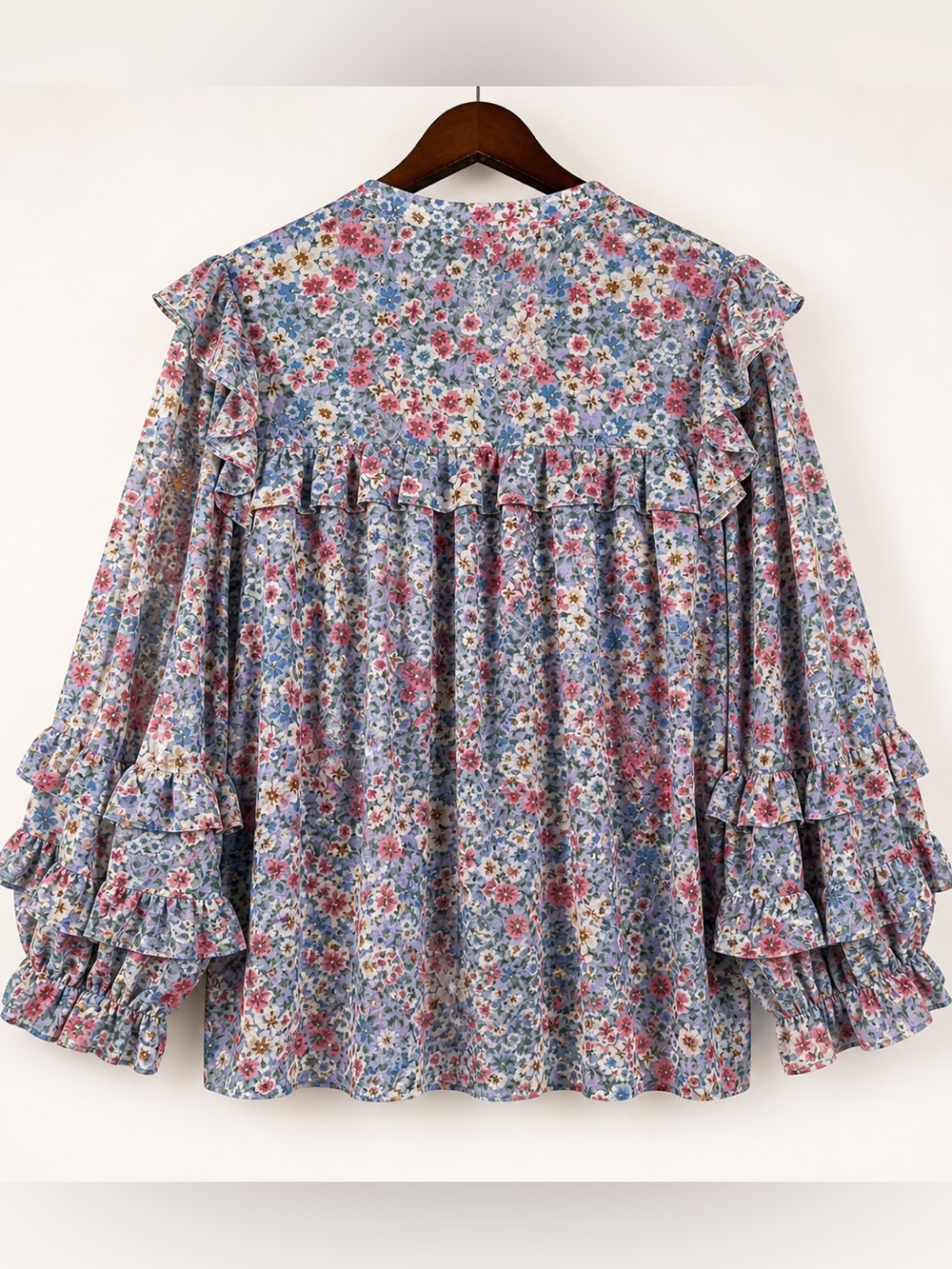 Entro Floral Ruffle Blouse Statement Sleeve Sheer Romantic Prairie Top L - Picture 2 of 9